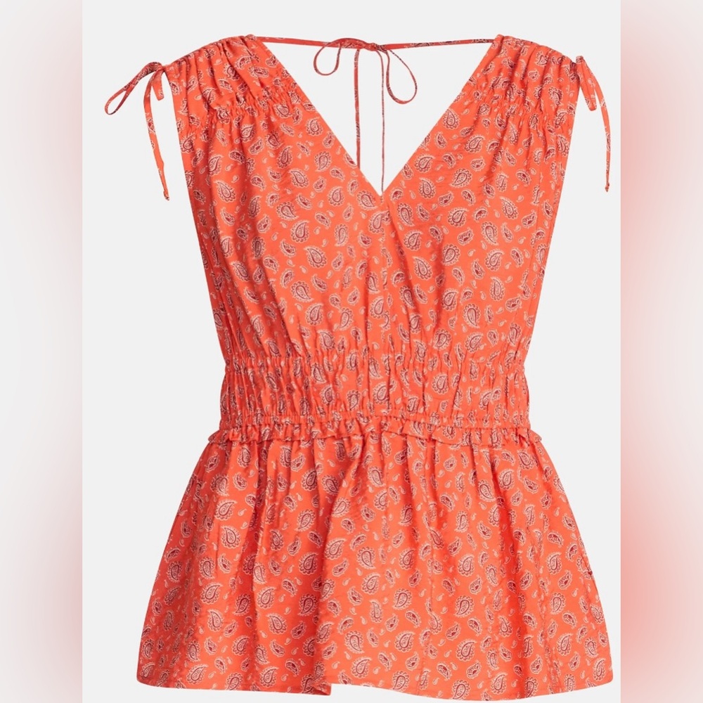 NWT Time and Tru Paisley Tie Shoulder Peplum Top XS Orange Boho Smocked V-Neck